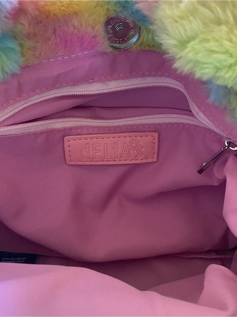 Dolls Kill Pink Plush Tote with Pastel Rainbow Fuzzy Trim - Picture 3 of 3